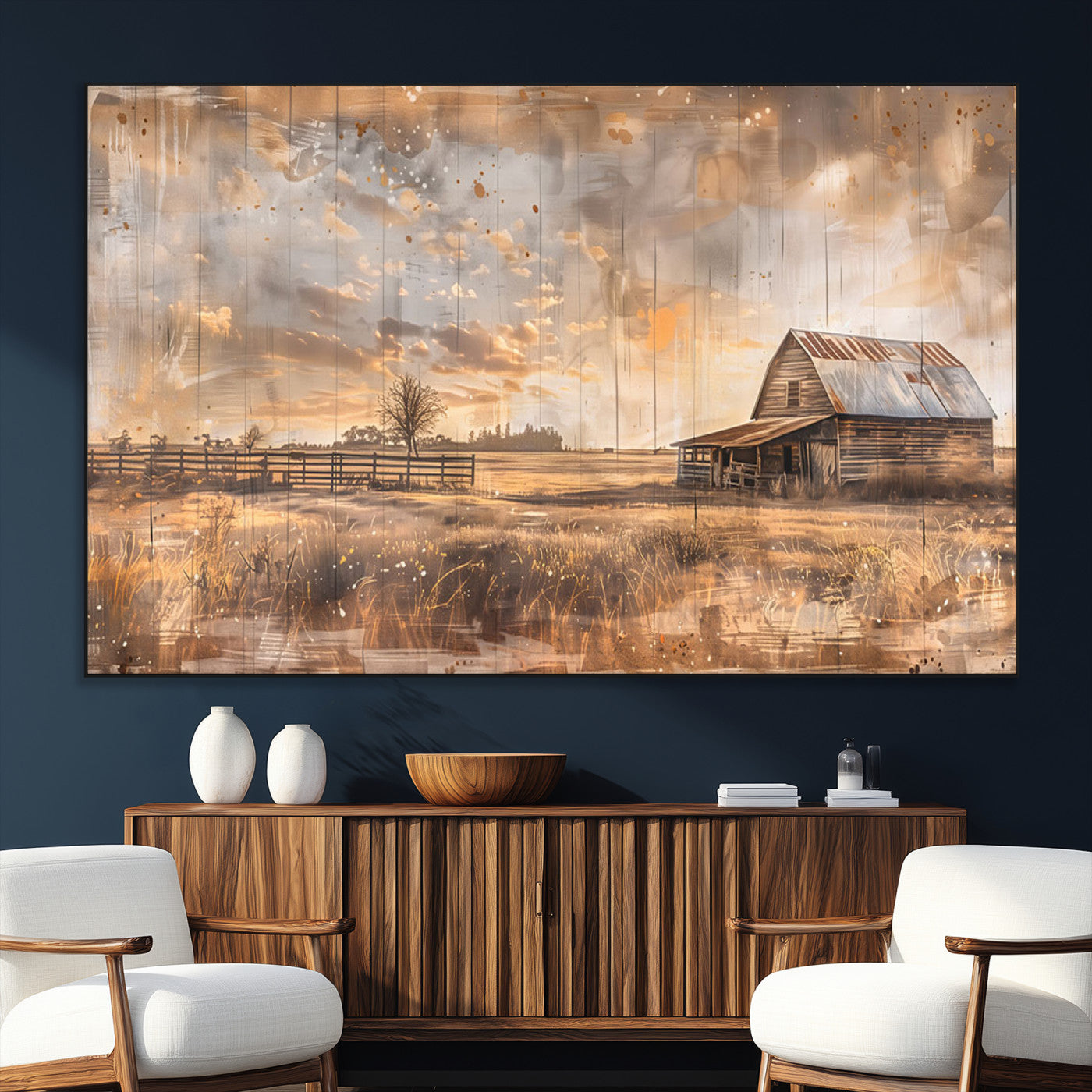 FARM2-MGV-CV-36X24-Rustic Farmhouse Wall Art Canvas Print | Barn and Field Canvas Print | Vintage Country Landscape