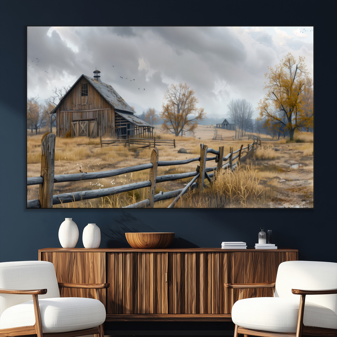 Farm1-MGV-CV-36X24-Rustic Autumn Farmhouse Wall Art Canvas Print – Serene Countryside Scene with Weathered Barn and