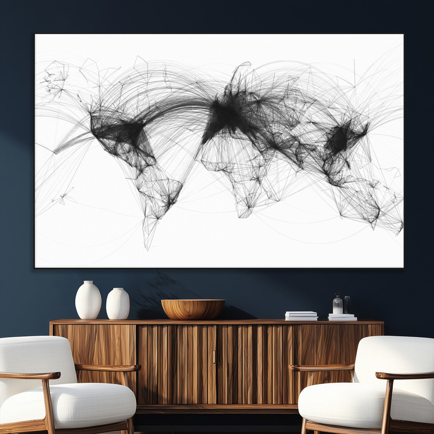 Black-Flight-Routes-MGV-CV-36X24-Flight Routes Air Traffic Map Canvas Wall Art - Framed - Ready to Hang