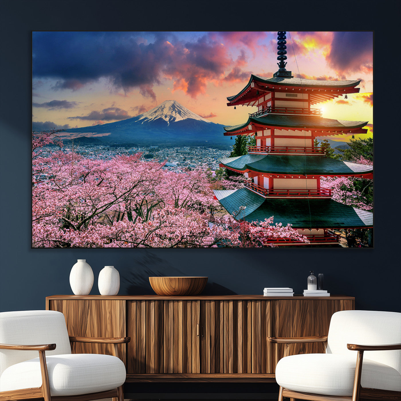 -Mount Fuji & Cherry Blossom Wall Art Canvas Print – Iconic Japanese Landscape, Sakura Pagoda Sunset,