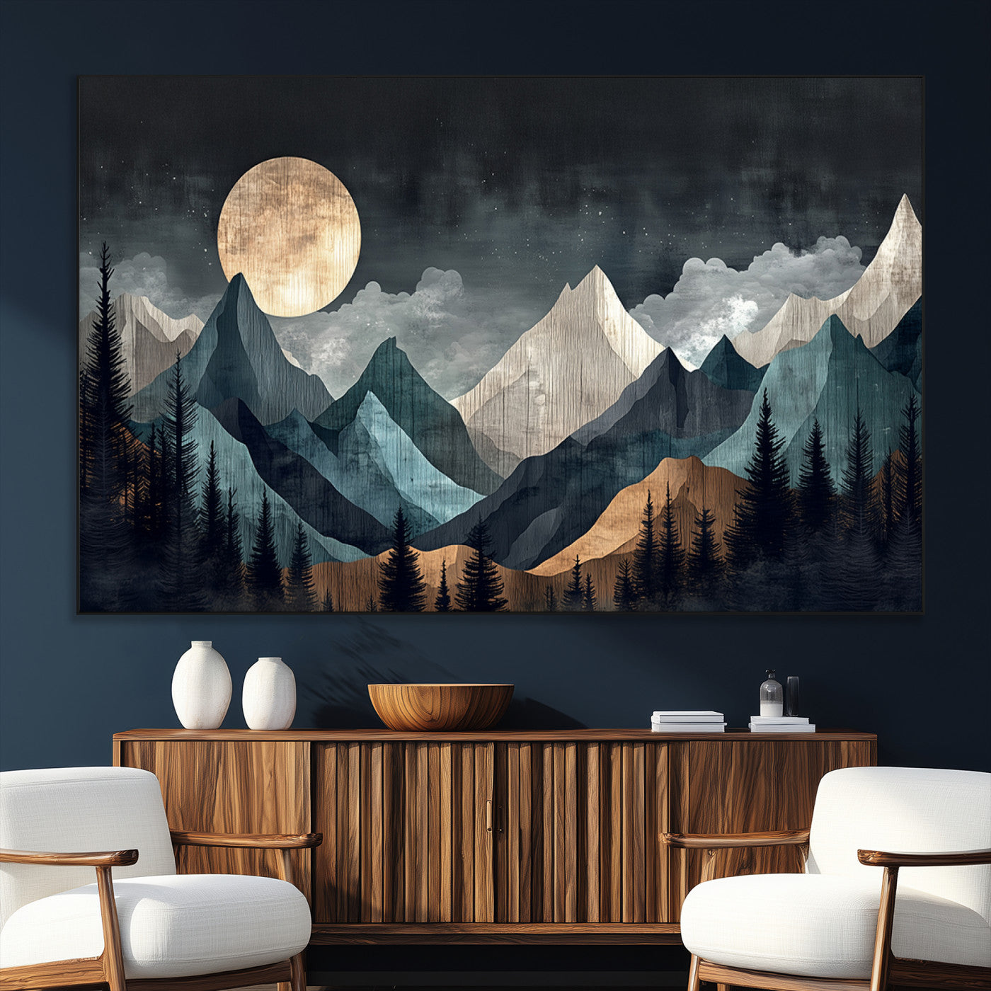 11060882-MGV-CV-36X24-Moonlit Mountain Wall Art Canvas Print – Silhouetted Pines Layered Peaks Tranquil Sky Mist Silver Light Nature Artwork for Home