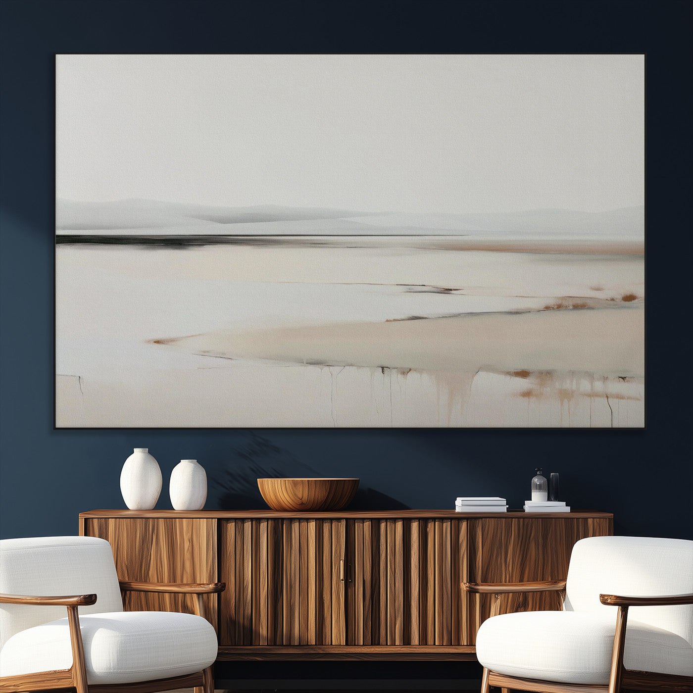 89410095-MGV-CV-36X24-Minimalist Landscape Wall Art Canvas Print – Framed Soft Horizon Abstract Seascape Earthy Tones Artwork for Home Office