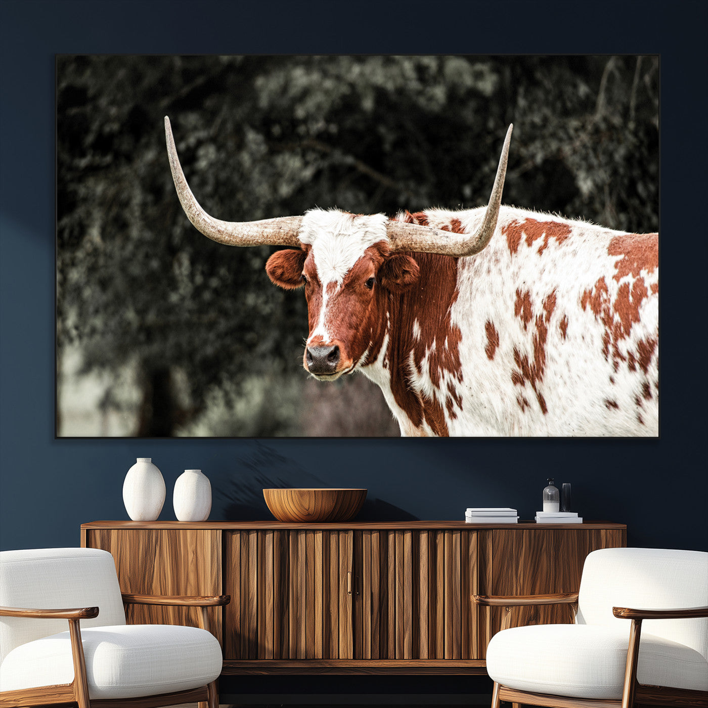 54027638-MGV-CV-36X24-Texas Longhorn Wall Art Canvas Print – Framed Spotted Bull Horned Cattle Rustic Western Decor Artwork for Home, Office