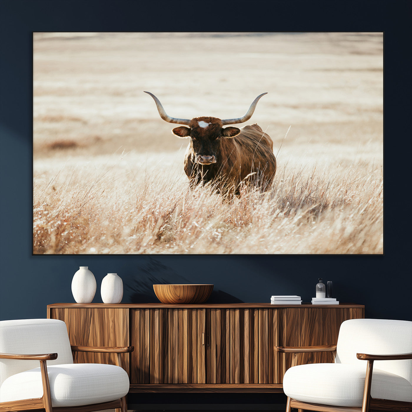 15937933-MGV-CV-36X24-Texas Longhorn Wall Art Canvas Print – Framed Brown Horned Bull Rustic Western Cattle Artwork for Home, Office