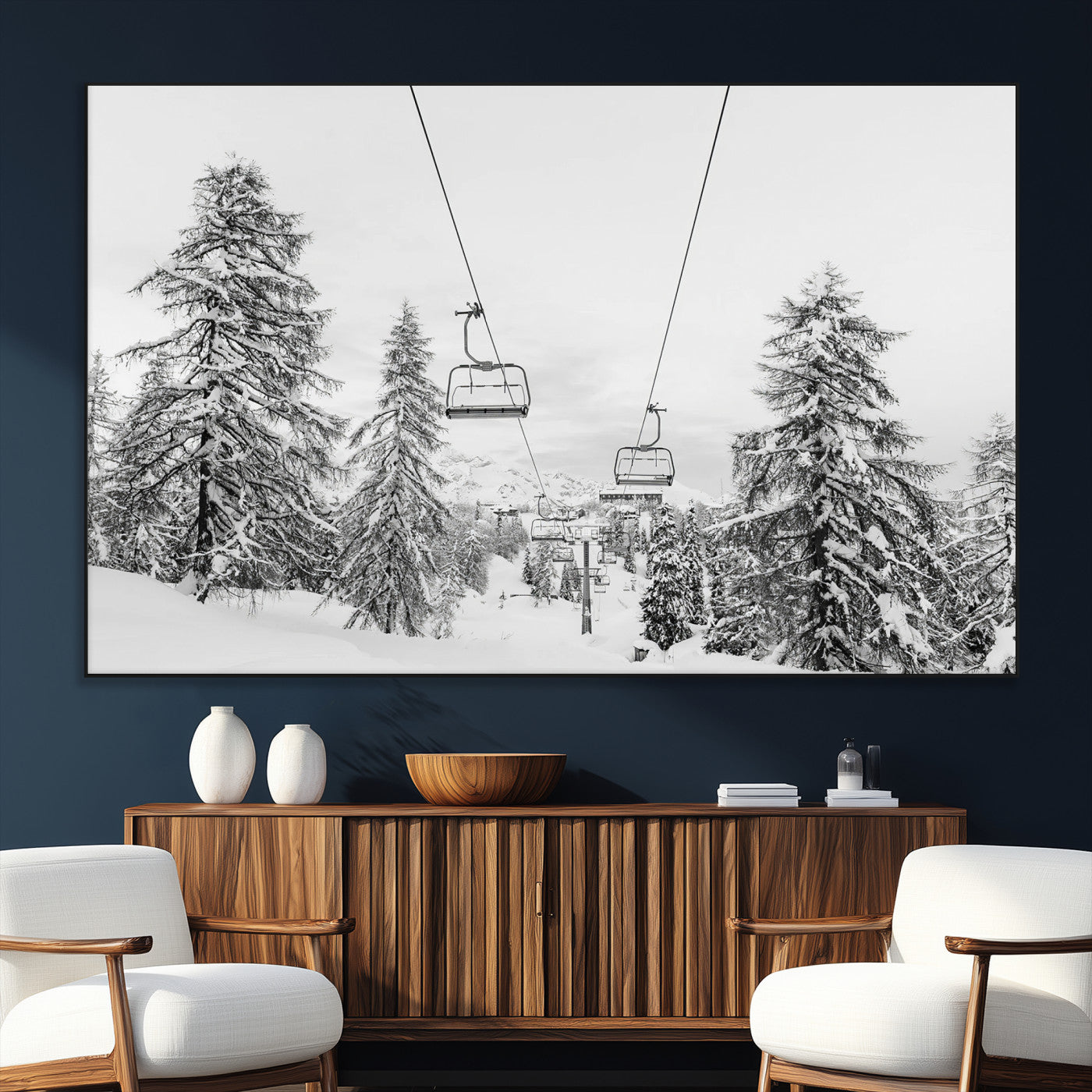 55003599-MGV-CV-36X24-Ski Lift Wall Art – Framed Snowy Mountain Canvas Artwork, Winter Forest Design, Minimal Nature Decor for Home, Office