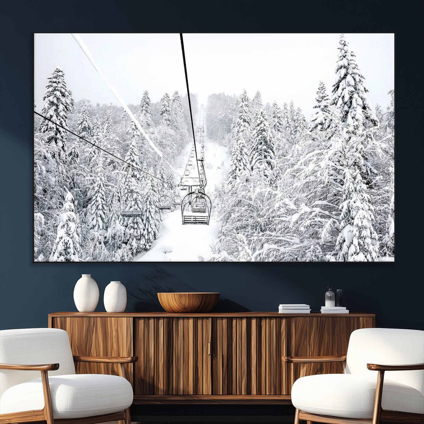 60296839-MGV-CV-36X24-Snowy Mountains Wall Art Canvas Print – Framed Ski Lift Winter Forest Alpine Landscape Nature Artwork for Home Office