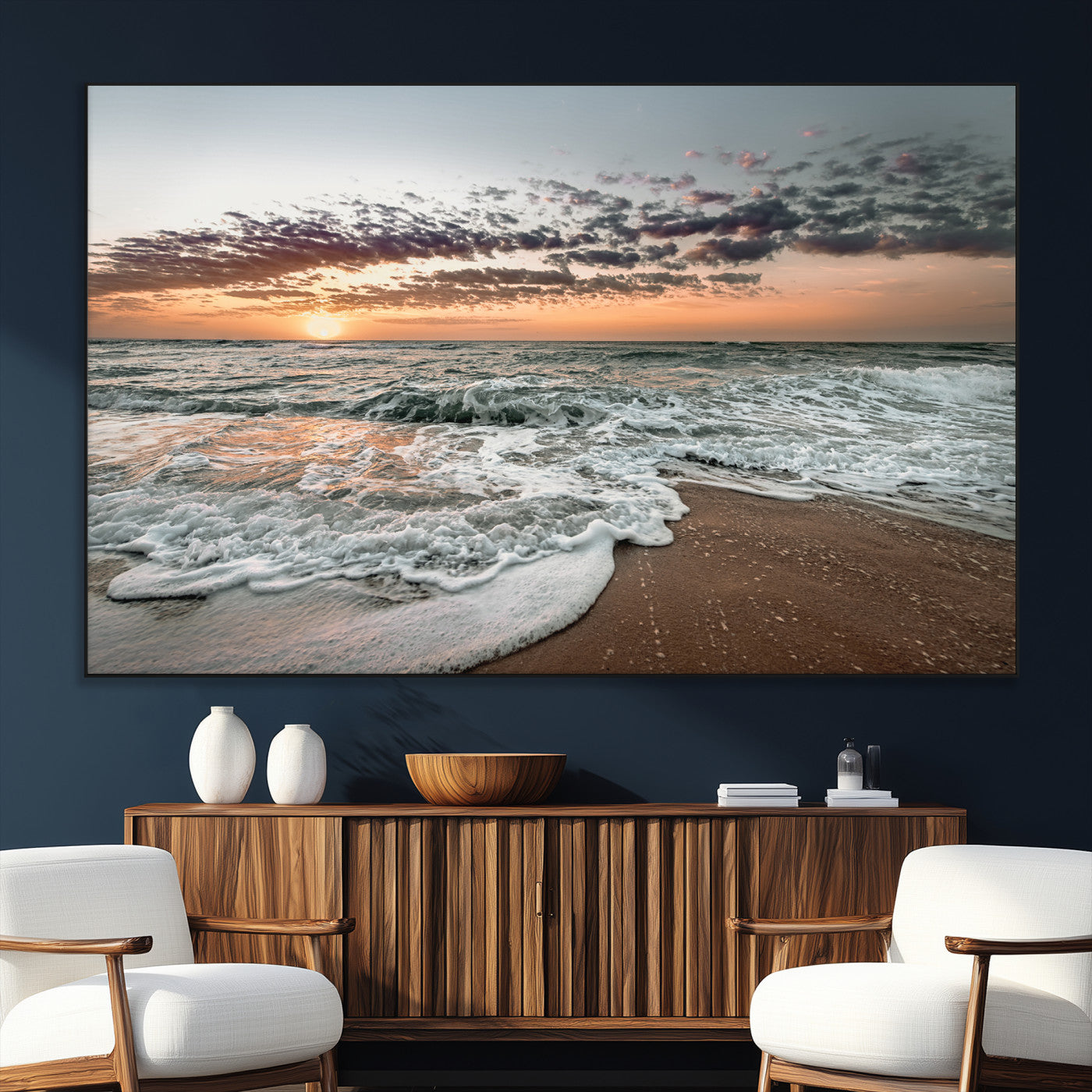 40632752-MGV-CV-36X24-Ocean Sunset Wall Art Canvas Print – Framed Beach Waves Scene with Coastal Artwork for Home, Office, Living Room