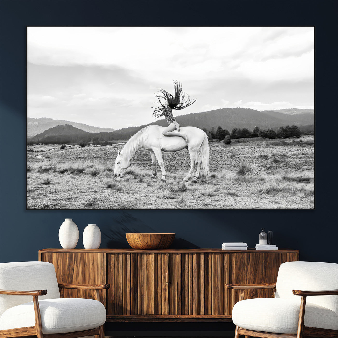 62789800-MGV-CV-36X24-White Horse Wall Art Canvas Print – Framed Woman Rider Equestrian Pose Western Boho Elegant Artwork for Home Office