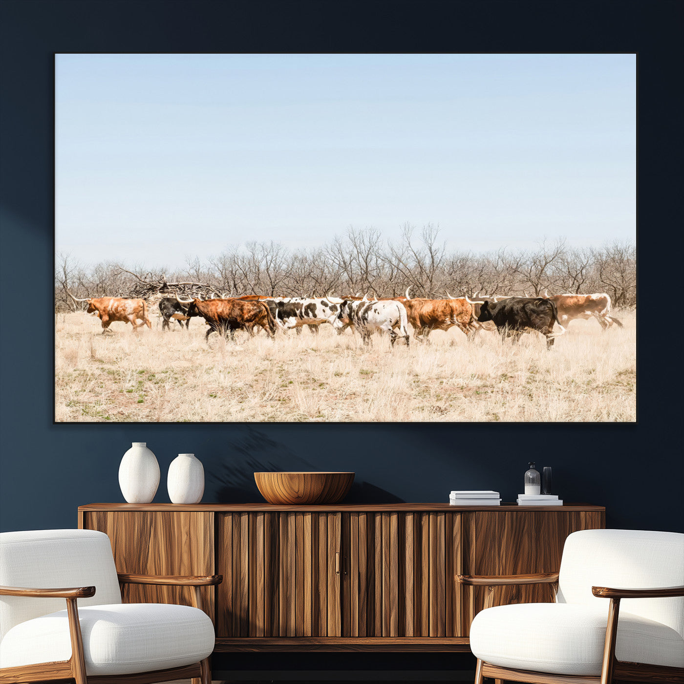 16563092-MGV-CV-36X24-Texas Longhorns Wall Art Canvas Print – Framed Western Cattle Rustic Herd Farmhouse Country Animal Artwork for Home Office