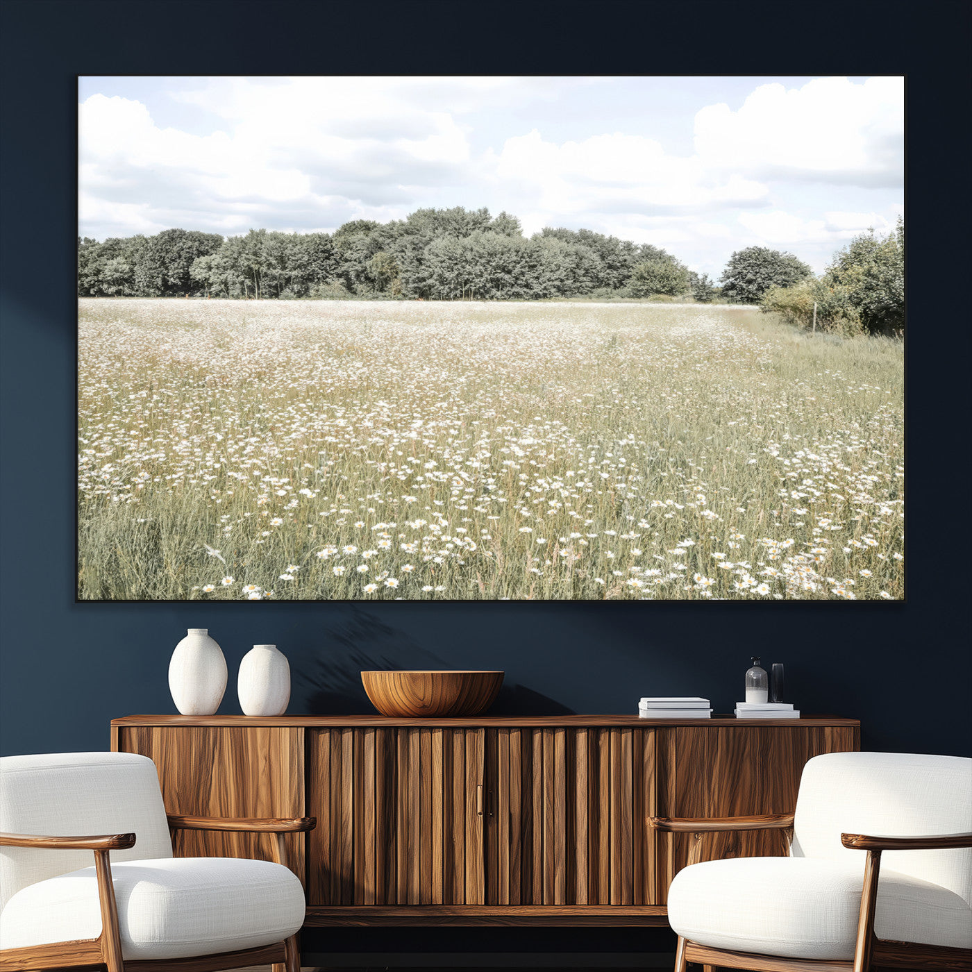 43258946-MGV-CV-36X24-Charming Daisy Field Wall Art Canvas Print – Framed Pastel Flower Meadow Bloom Scandinavian Minimal Artwork for Home Office