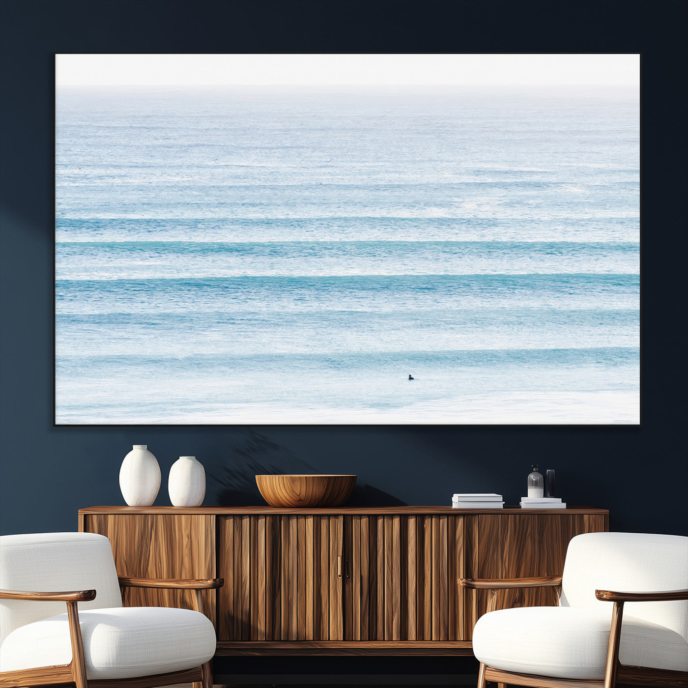 SEG-FC-51X34_Oversize - Ocean Simplicity Wall Art Canvas Print, Framed Surfer on Water Art Picture Print, Light Blue Perfect Coastal Minimalist Decor Artwork