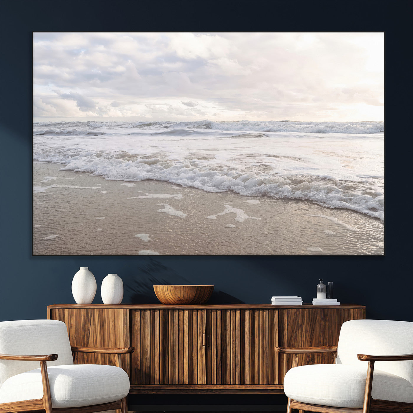 70596264-MGV-CV-36X24-Ocean Waves Wall Art Canvas Print – Framed Coastal Shoreline Scene with Sea Foam Artwork for Home, Office