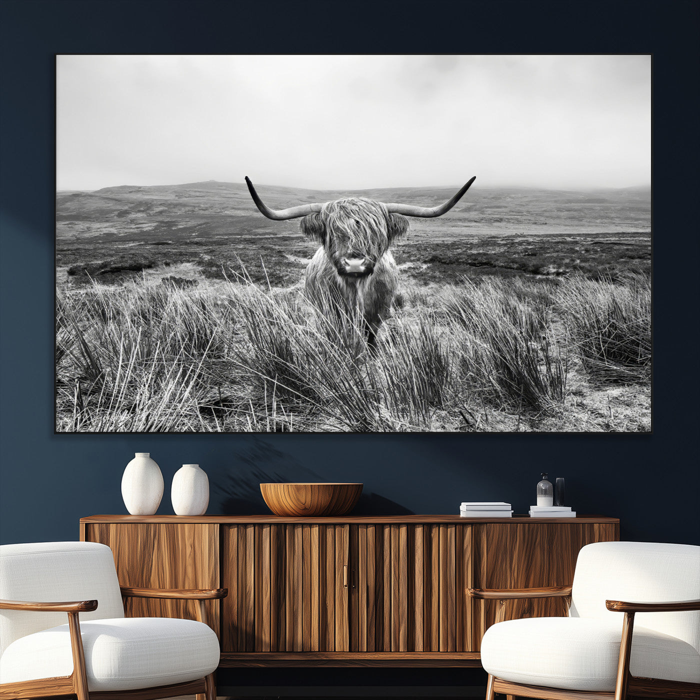 -Monochrome Highland Cow Wall Art Canvas Print – Framed Scottish Bull Lone Cattle Rustic Farmhouse Artwork for Home, Office