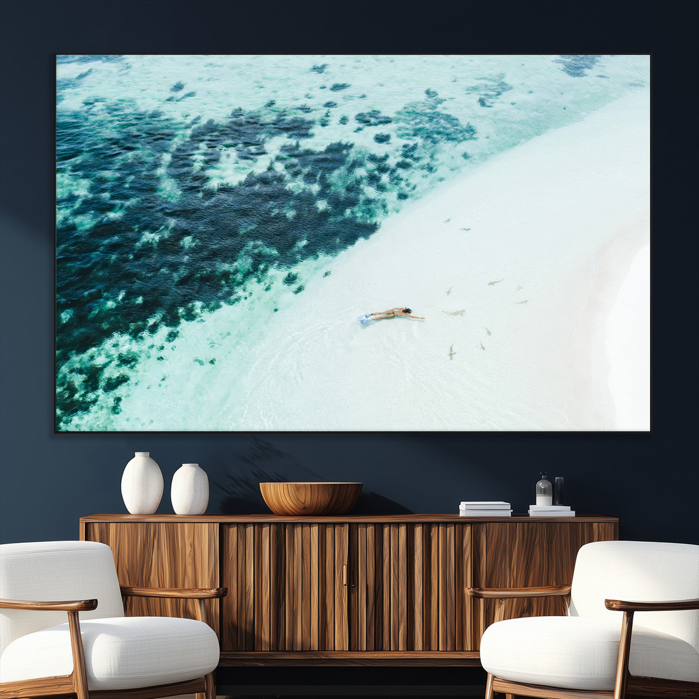 33764764-MGV-CV-36X24-Minimal Beach Wall Art – Framed Ocean Swimming Canvas Artwork, Clear Blue Sea Design, Modern Coastal Decor for Home, Office