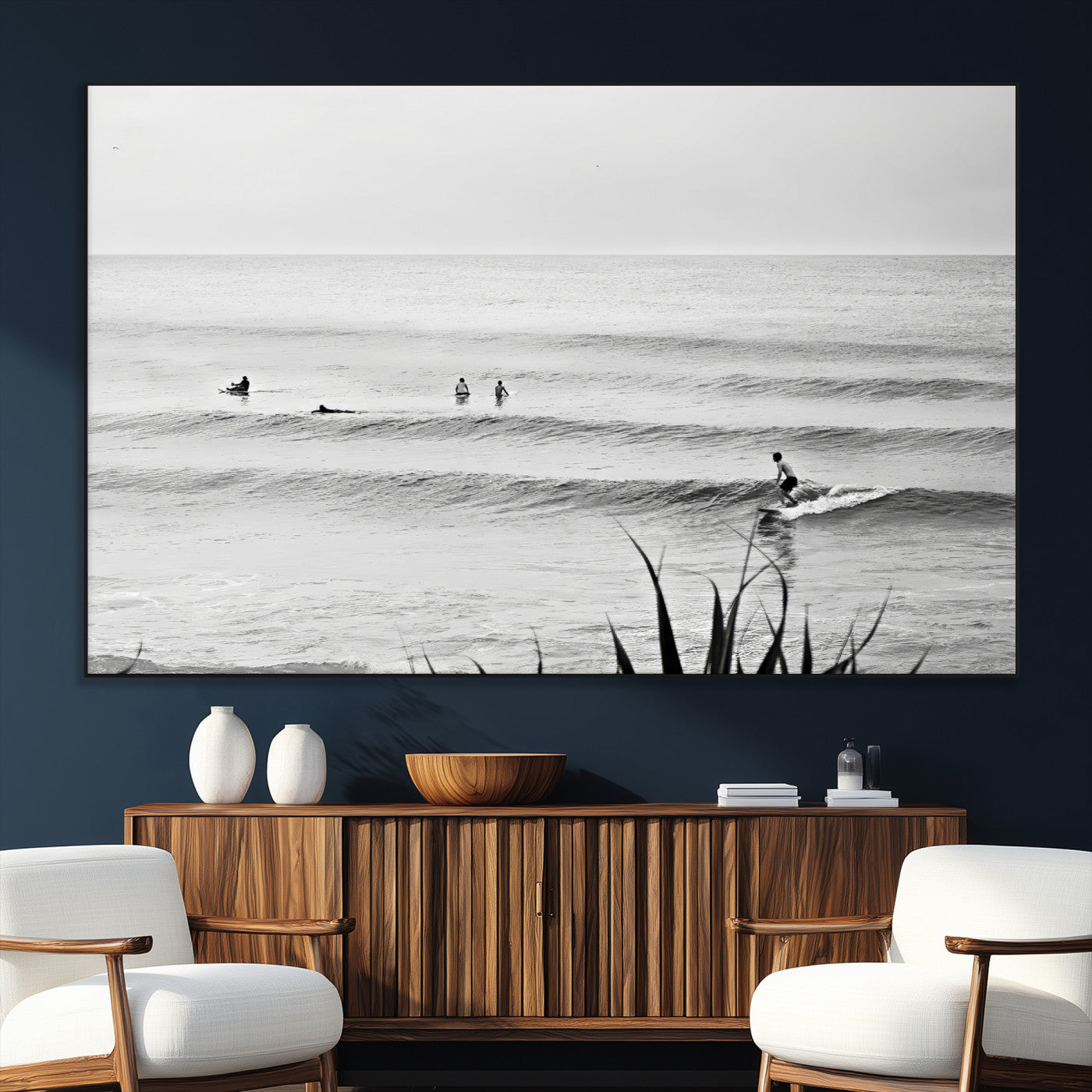 33821421-MGV-CV-36X24-Surfer Silhouette Wall Art – Framed Calm Ocean Canvas Artwork, Monochrome Minimal Design, Modern Coastal Decor for Home, Office
