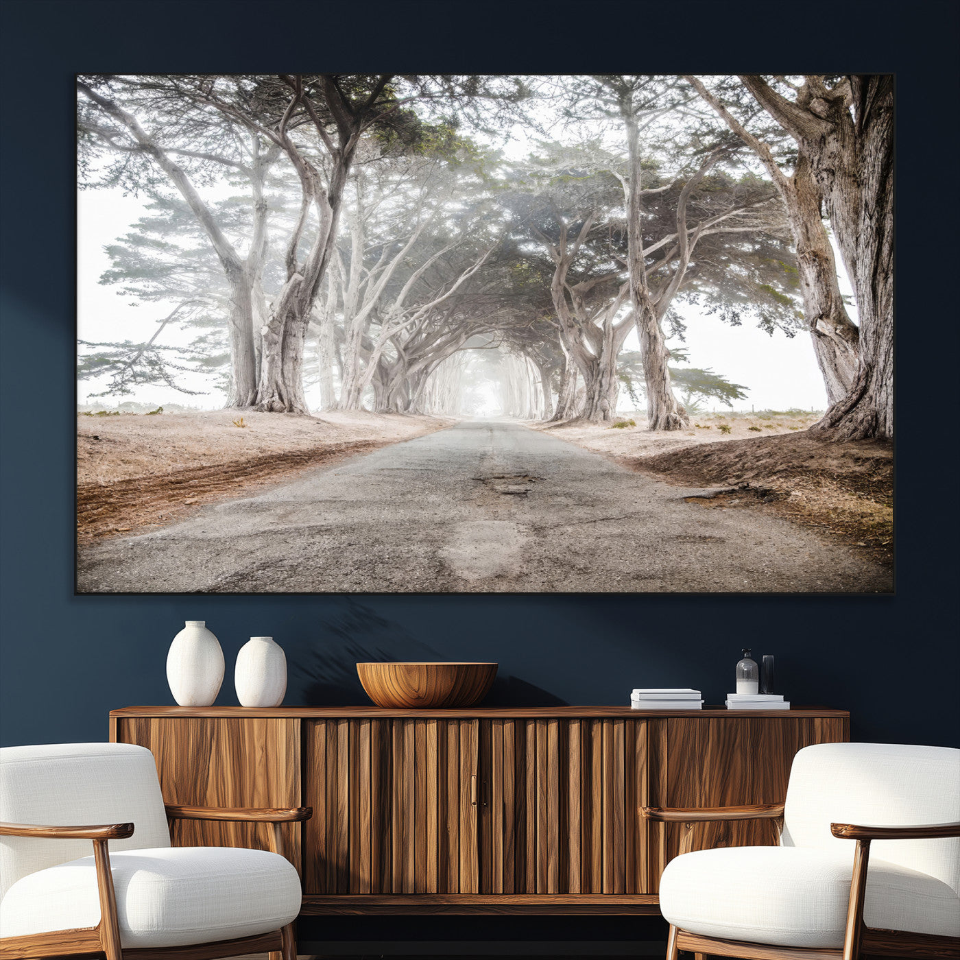87090469-MGV-CV-36X24-Cypress Tunnel Wall Art – Framed Misty Road Canvas Artwork, Foggy Trees Design, Rustic Woodland Nature Decor for Home, Office