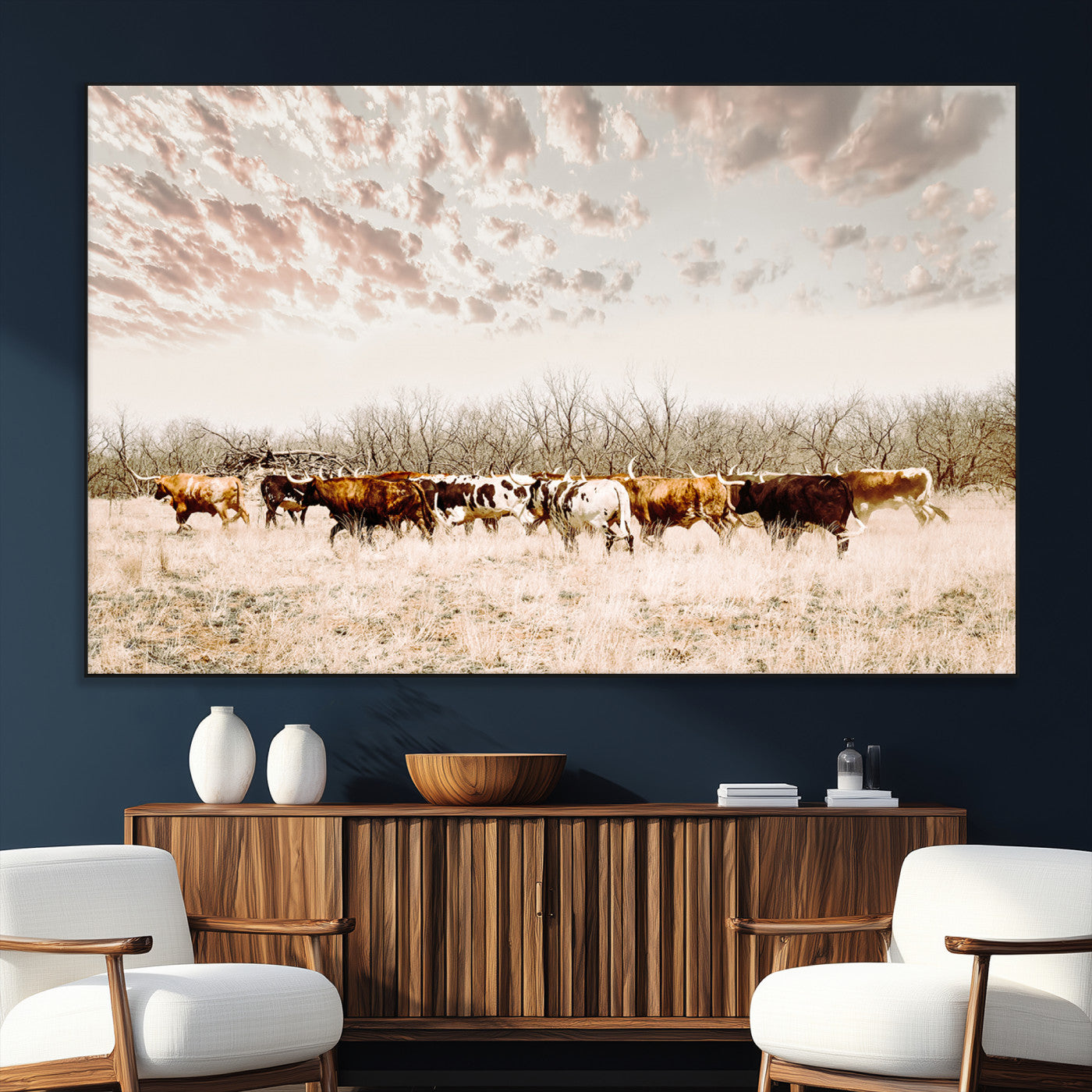 64892775-MGV-CV-36X24-Longhorn Cattle Wall Art Canvas Print – Framed Texas Ranch Scene with Western Cow Artwork for Home, Office