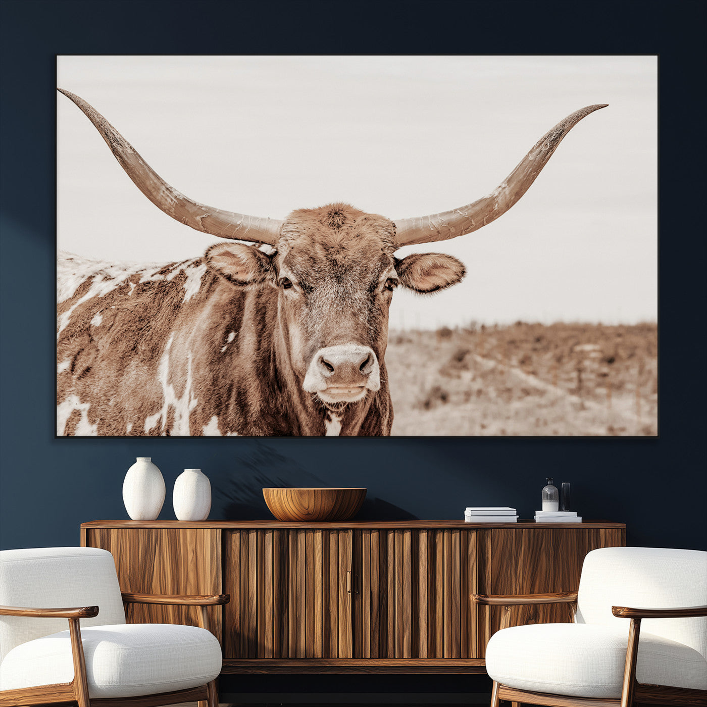 -Longhorn Cow Wall Art Canvas Print, Framed Texas Ranch Art Picture Print, Western Bull Perfect County Decor Artwork