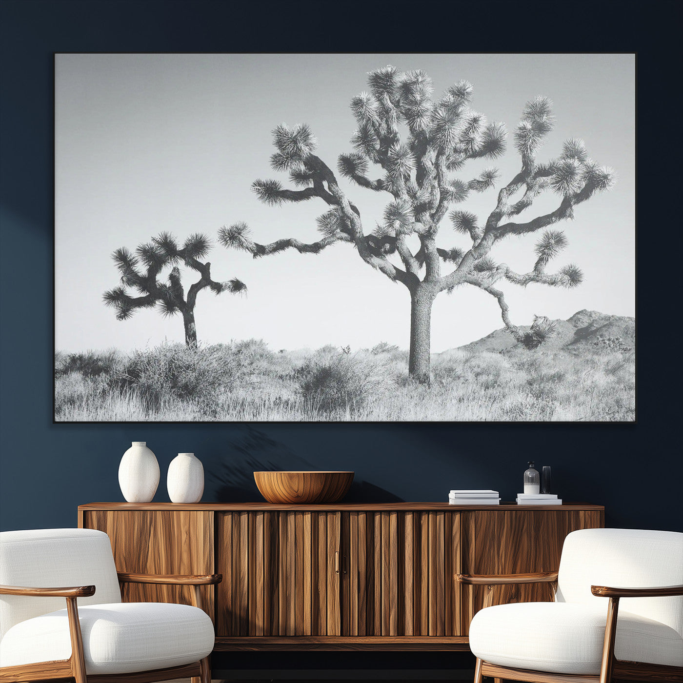 29996209-MGV-CV-36X24-Joshua Tree Wall Art Canvas Print – Framed Black White Desert Landscape Southwestern Nature Artwork for Home Office