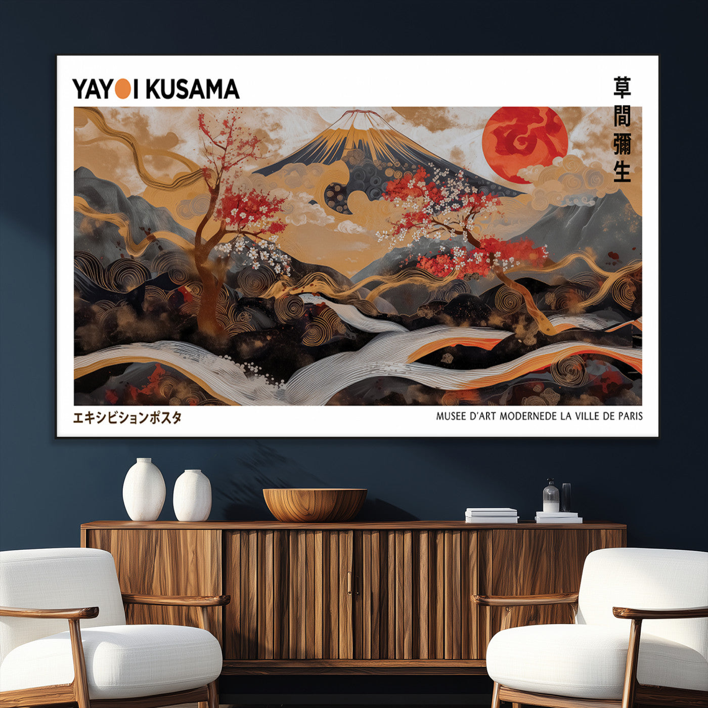 40959107-MGV-CV-36X24-Modern Japanese Wall Art Canvas Print – Framed Abstract Mount Fuji Scene Inspired Yayoi Kusama for Home, Office