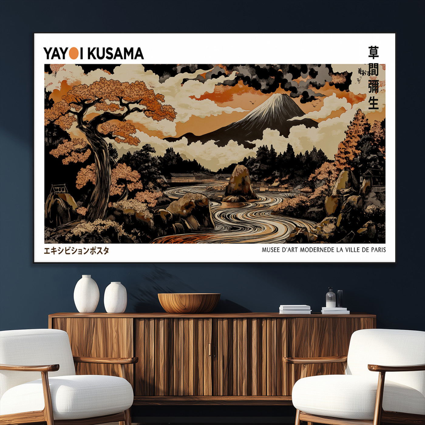 96372548-MGV-CV-36X24-Modern Japanese Wall Art Canvas Print – Framed Abstract Mount Fuji Scene with Yayoi Kusama Style Artwork for Home, Office