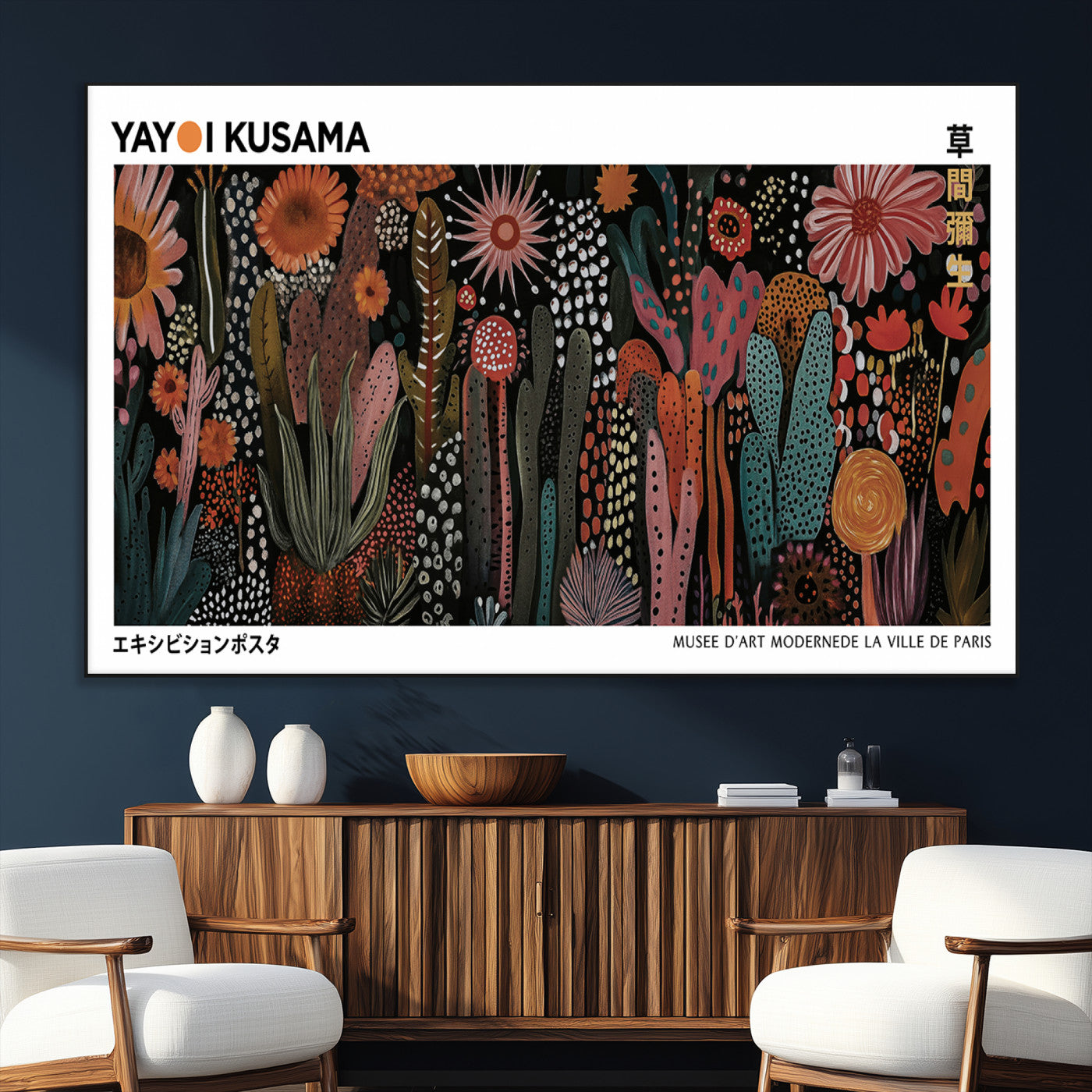 70632622-MGV-CV-36X24-Modern Japanese Wall Art Canvas Print – Framed Abstract Mount Fuji Scene with Yayoi Kusama Artwork for Home, Office