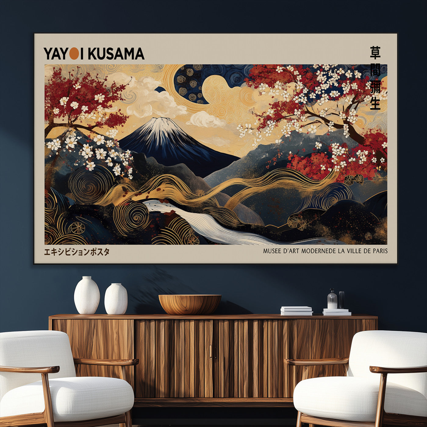54967195-MGV-CV-36X24-Modern Japanese Wall Art Canvas Print – Framed Abstract Mount Fuji Scene with Yayoi Kusama Japanese Artwork for Home, Office