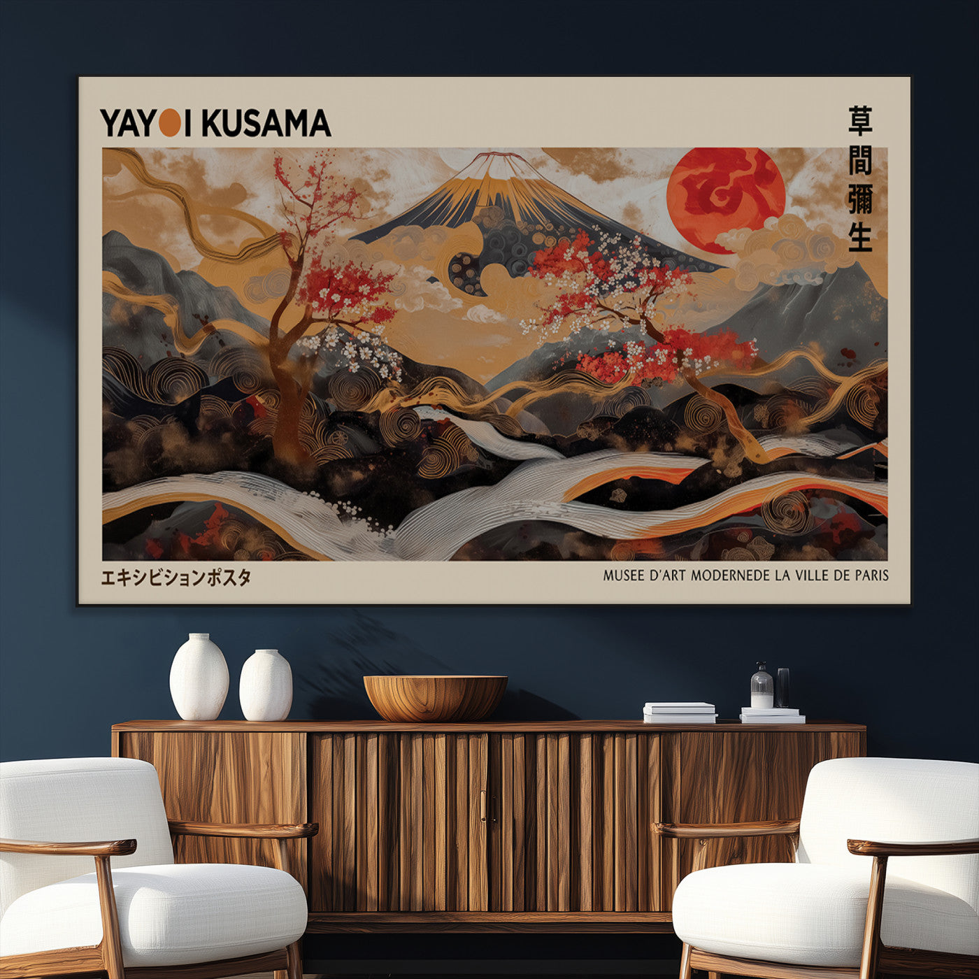 77970791-MGV-CV-36X24-Modern Japanese Wall Art Canvas Print – Framed Abstract Mount Fuji Scene with Yayoi Kusama Artwork for Home, Office