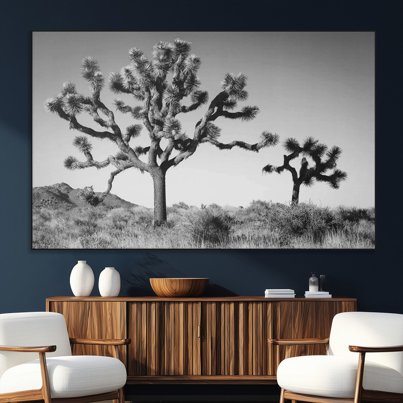 93692513-MGV-CV-36X24-Joshua Tree Wall Art Canvas Print – Framed Monochrome Desert Minimalist Nature Scene Southwestern Artwork for Home Office