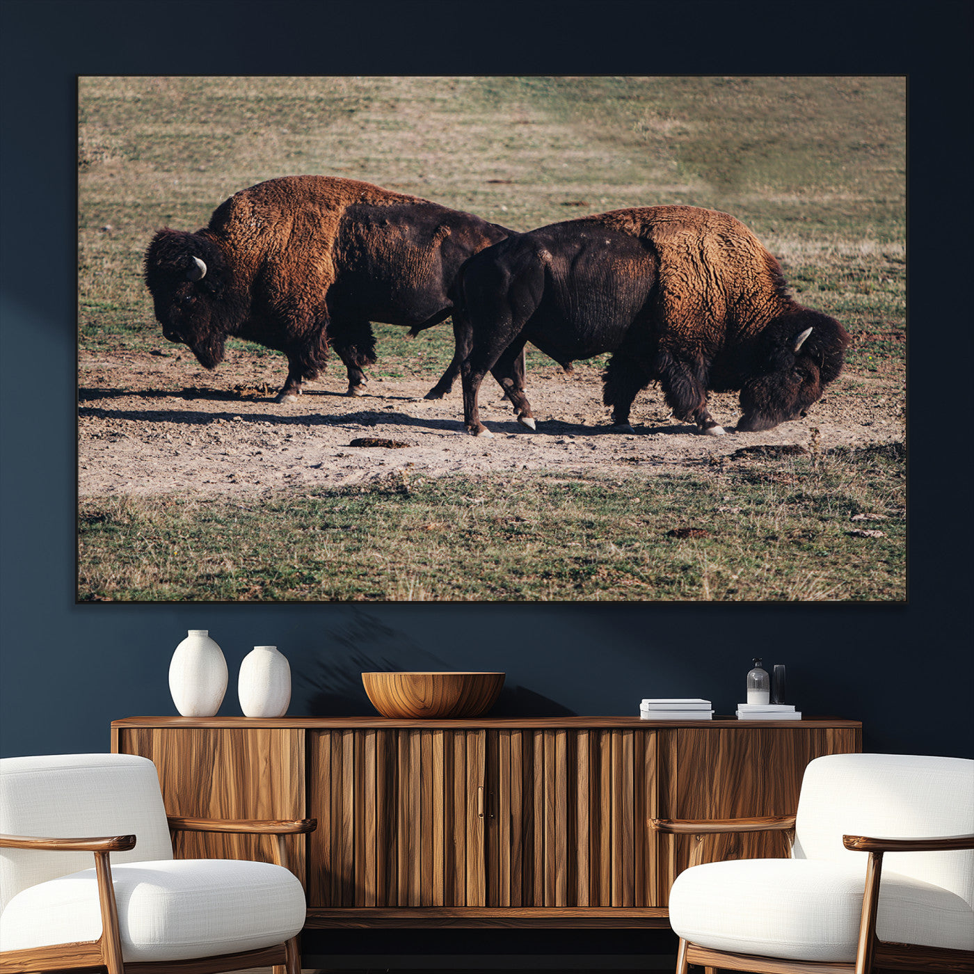 58141885-MGV-CV-36X24-Bison Wall Art Canvas Print – Framed Western Wildlife Modern Ranch Rustic Nature Scene Artwork for Home Office