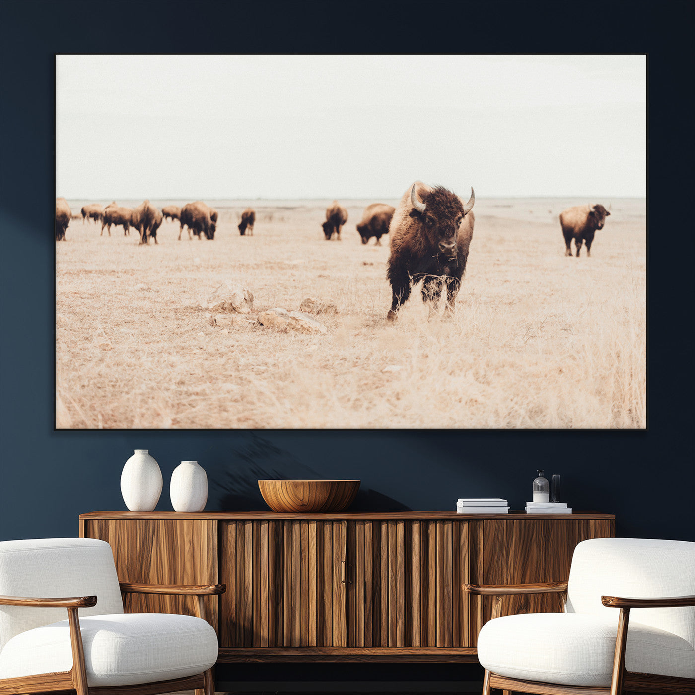 61367865-MGV-CV-36X24-Bison Herd Wall Art Canvas Print – Framed Western Prairie Serenity Ranch Nature Scene Artwork for Home Office