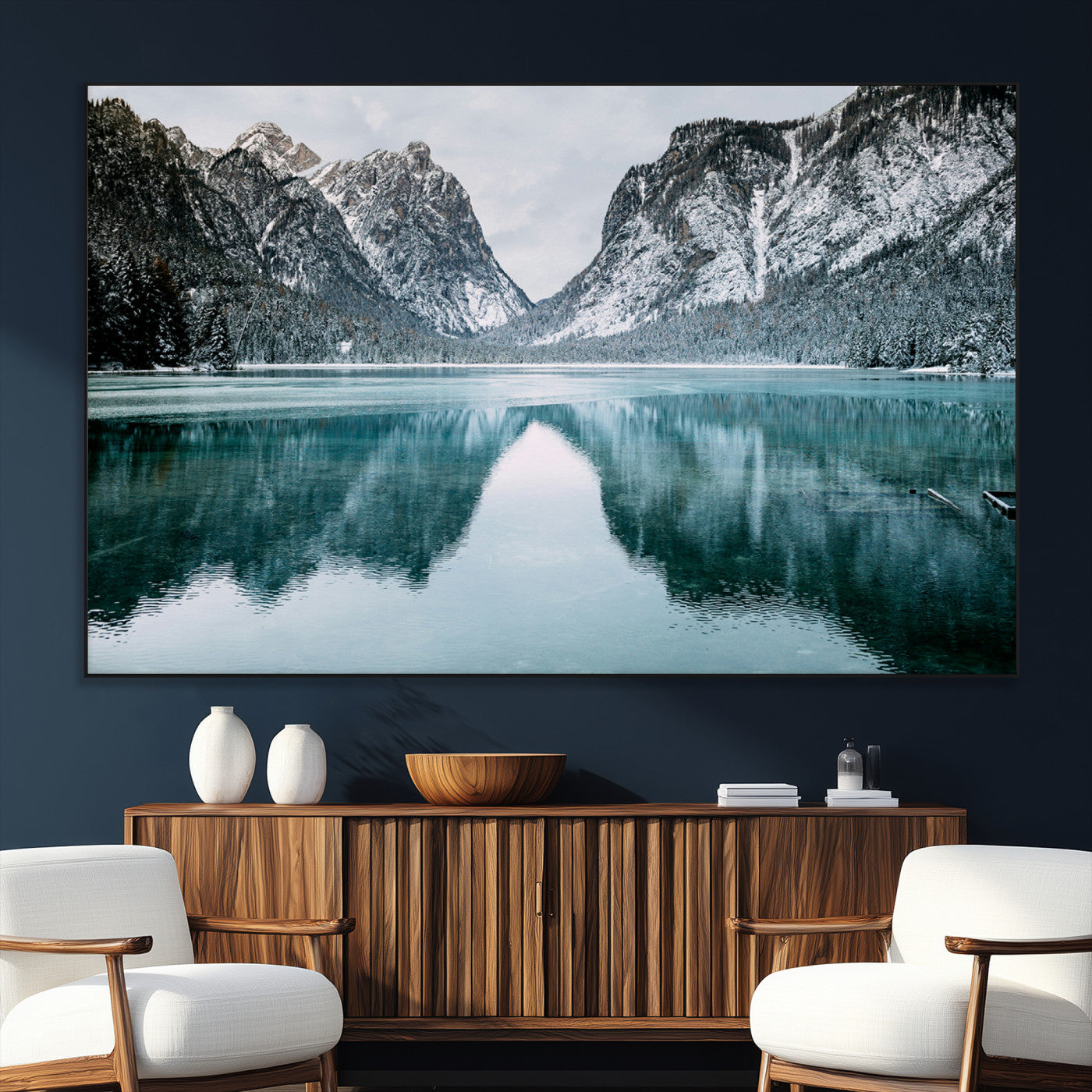 73098373-MGV-CV-36X24-Mountain Lake Wall Art Canvas Print – Framed Snowy Peaks Wonderland Nature Scene Artwork for Home Office