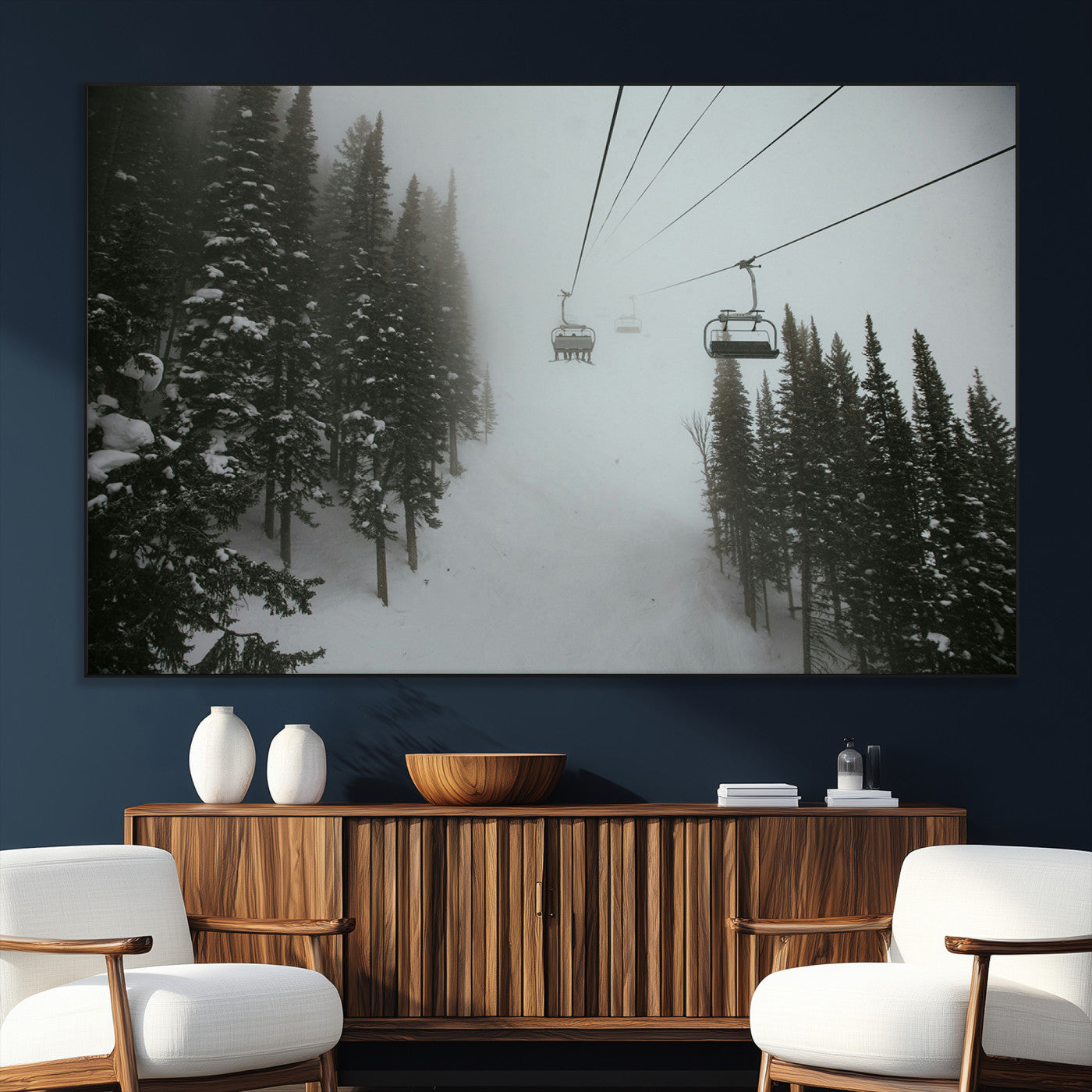 87018452-MGV-CV-36X24-Ski Lift Wall Art Canvas Print – Snowy Pines Misty Landscape Winter Serenity Artwork for Home, Office Decor
