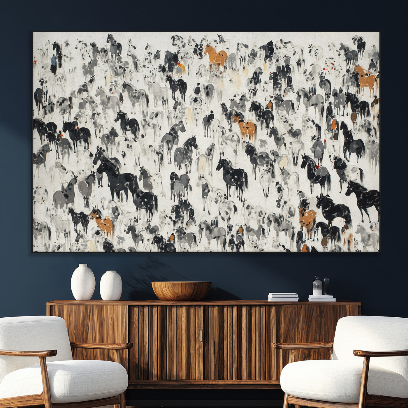 56463722-MGV-CV-36X24-Wild Horse Stampede Wall Art Canvas Print – Monochrome Running Horses Dynamic Motion Elegant Scene Artwork for Home, Office