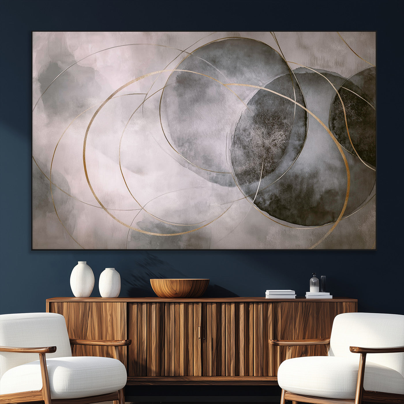 20066876-MGV-CV-36X24-Abstract Grey Gold Circle Wall Art – Modern Geometric Canvas Artwork, Minimal Elegant Design, Luxury Wall Decor for Home, Office