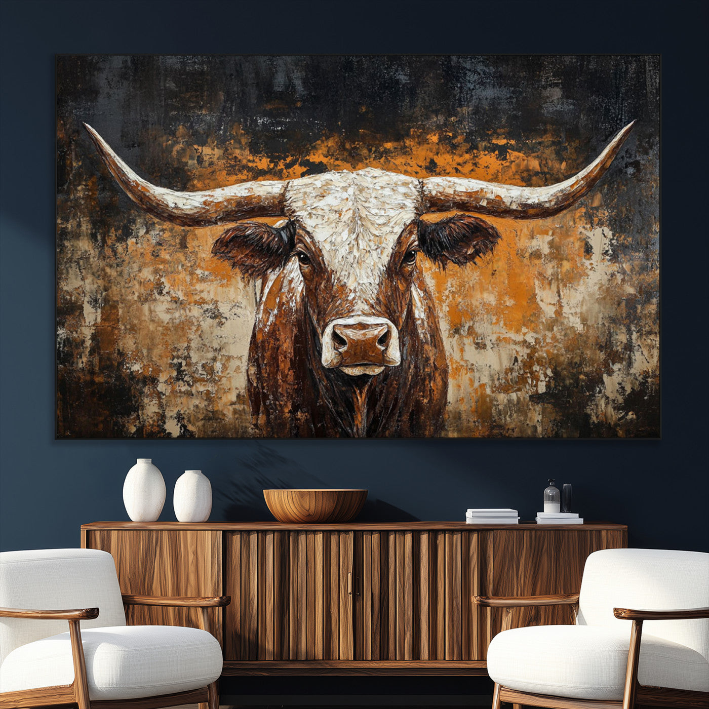 25265572-MGV-CV-36X24-Rustic Longhorn Bull Wall Art Canvas Print – Vintage Western Cattle Scene, Texas Steer Artwork for Home, Office