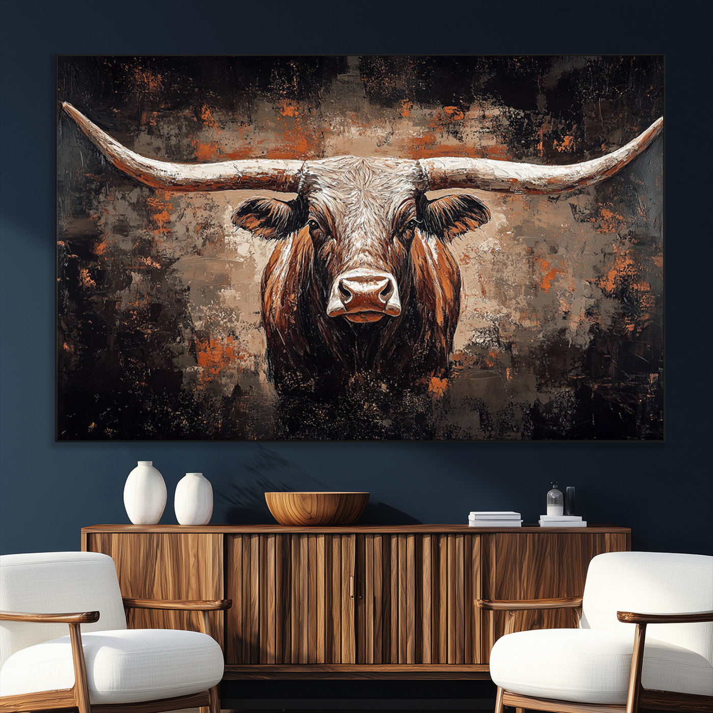 24779067-MGV-CV-36X24-Rustic Longhorn Bull Wall Art Canvas Print – Vintage Western Cattle Scene, Texas Steer Artwork for Home, Office