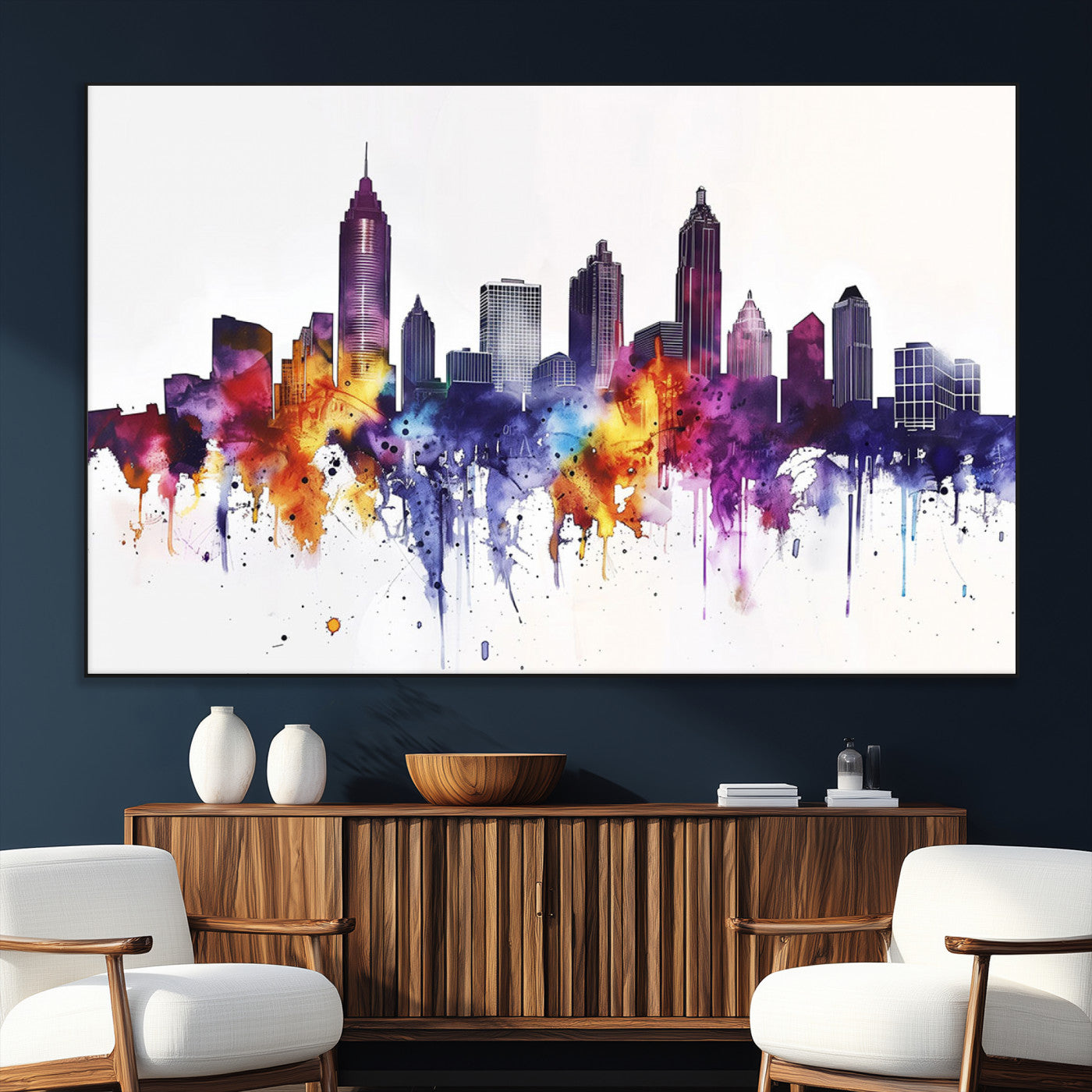34479880-MGV-CV-36X24-Atlanta Skyline Wall Art Canvas Print – Framed Colorful Watercolor Cityscape Artwork for Home, Office, Living Room