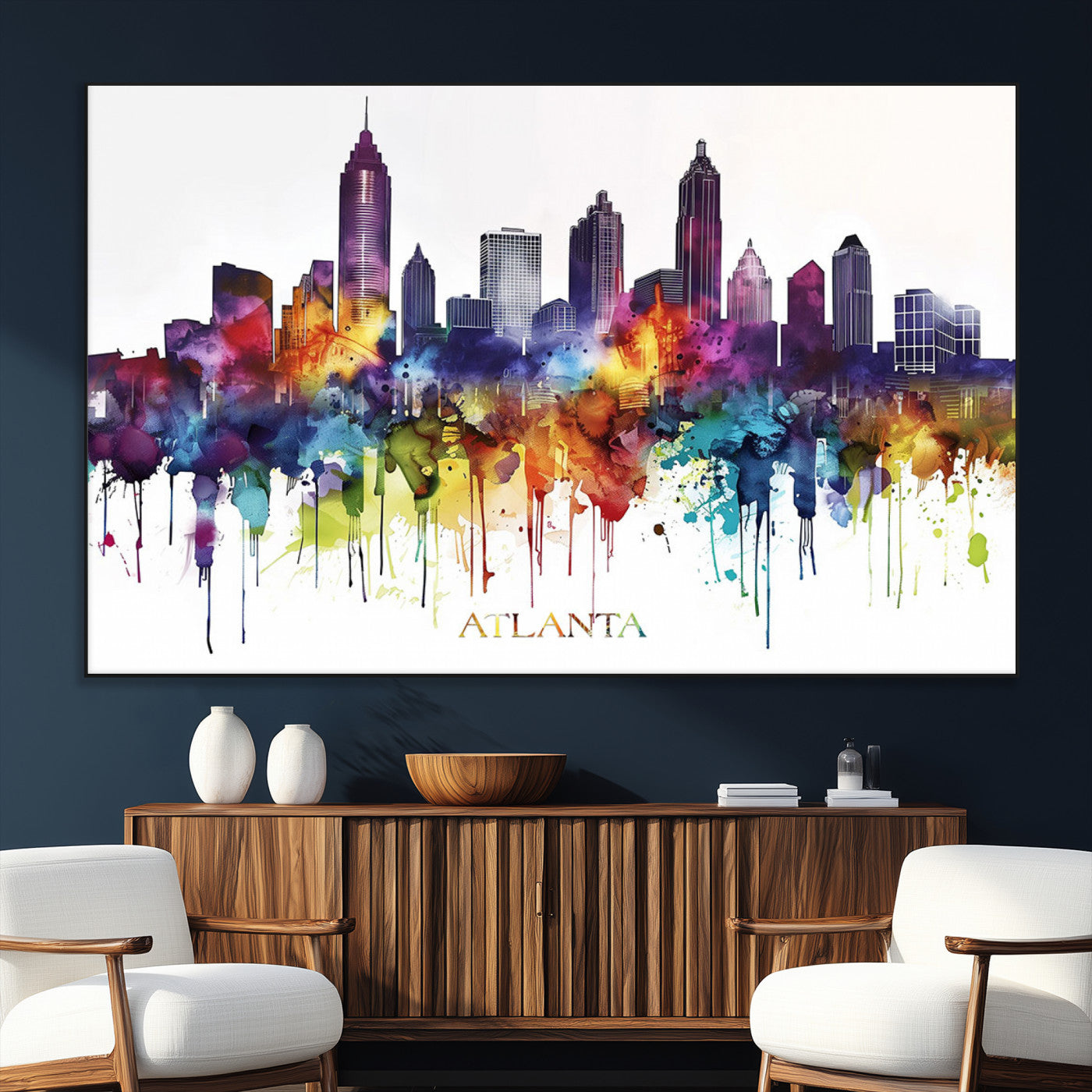 36048320-MGV-CV-36X24-Atlanta Skyline Wall Art Canvas Print – Framed Colorful Watercolor Cityscape Abstract Urban Artwork for Home, Office
