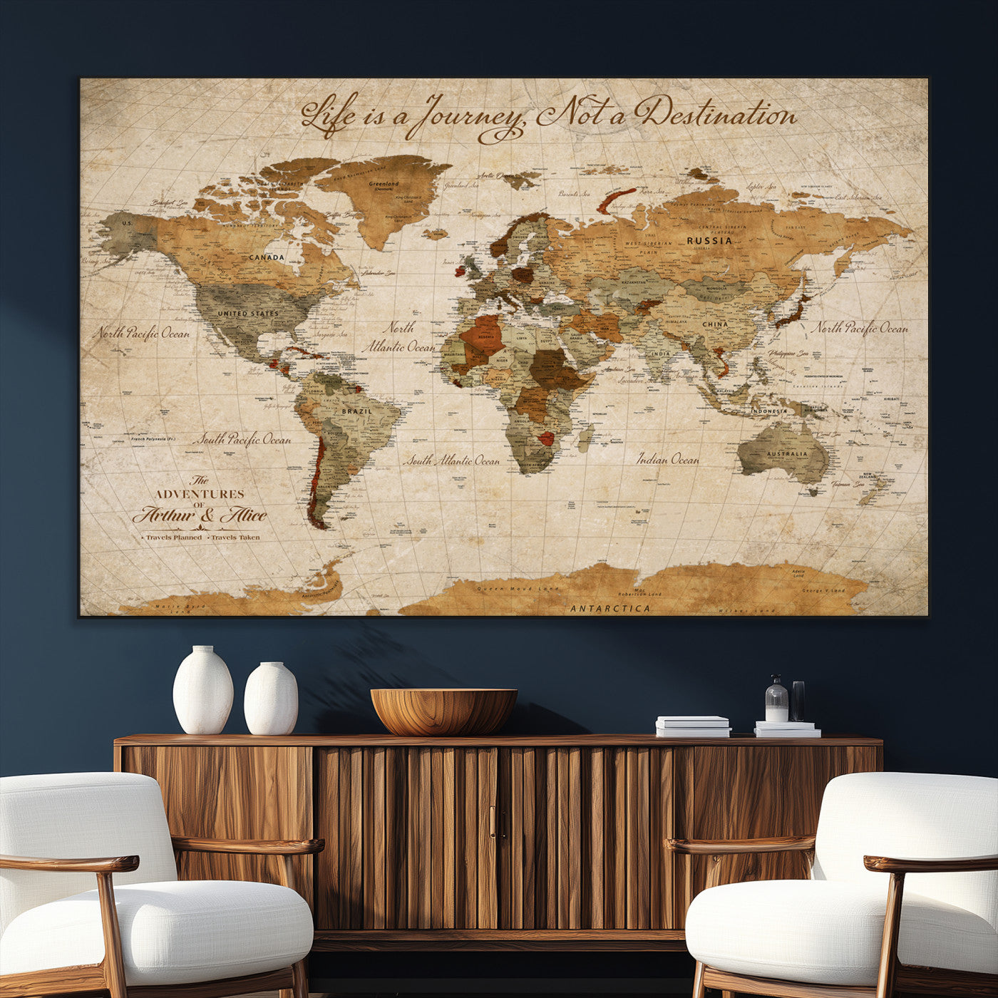 79036691-MGV-CV-36X24-Personalized World Map Canvas Wall Art – Custom Framed Push Pin Travel Tracker Print, Unique Gift for Home or Office Decor