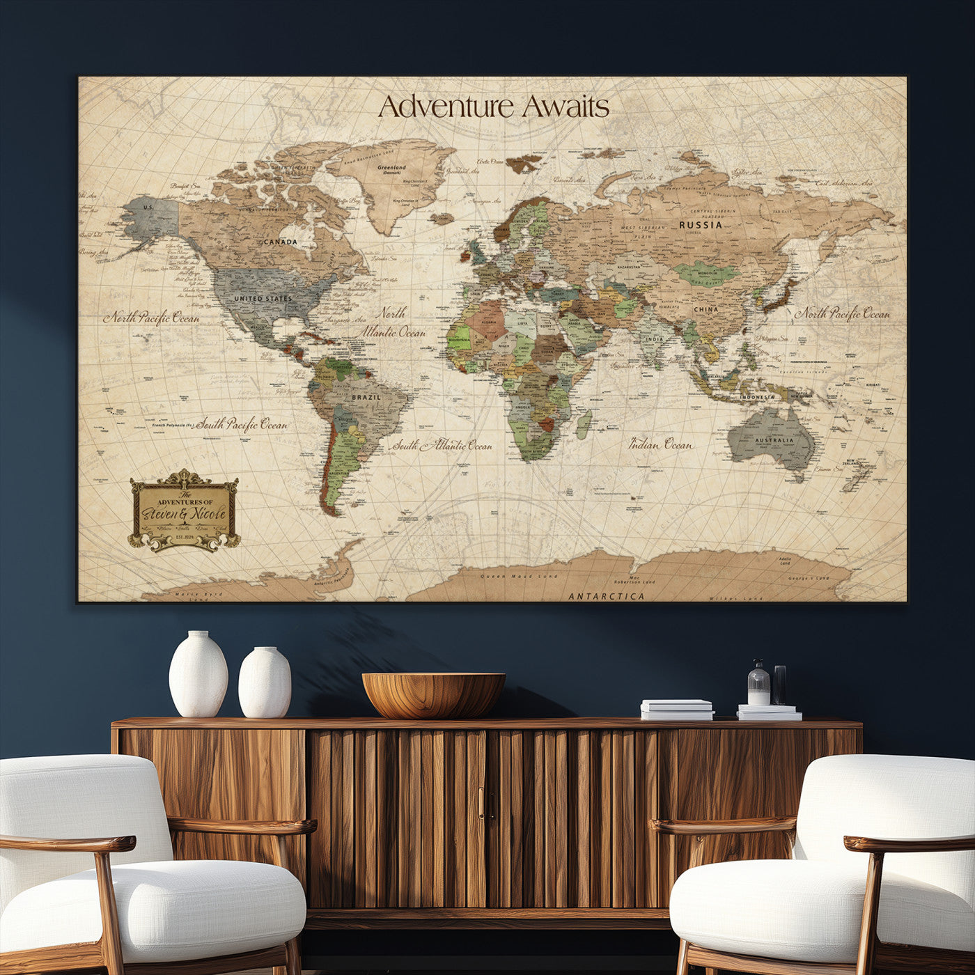 33020399-MGV-CV-36X24-Personalized World Map Canvas Print – Custom Push Pin Travel Tracker Map Anniversary Gift for Couples for Home, Office