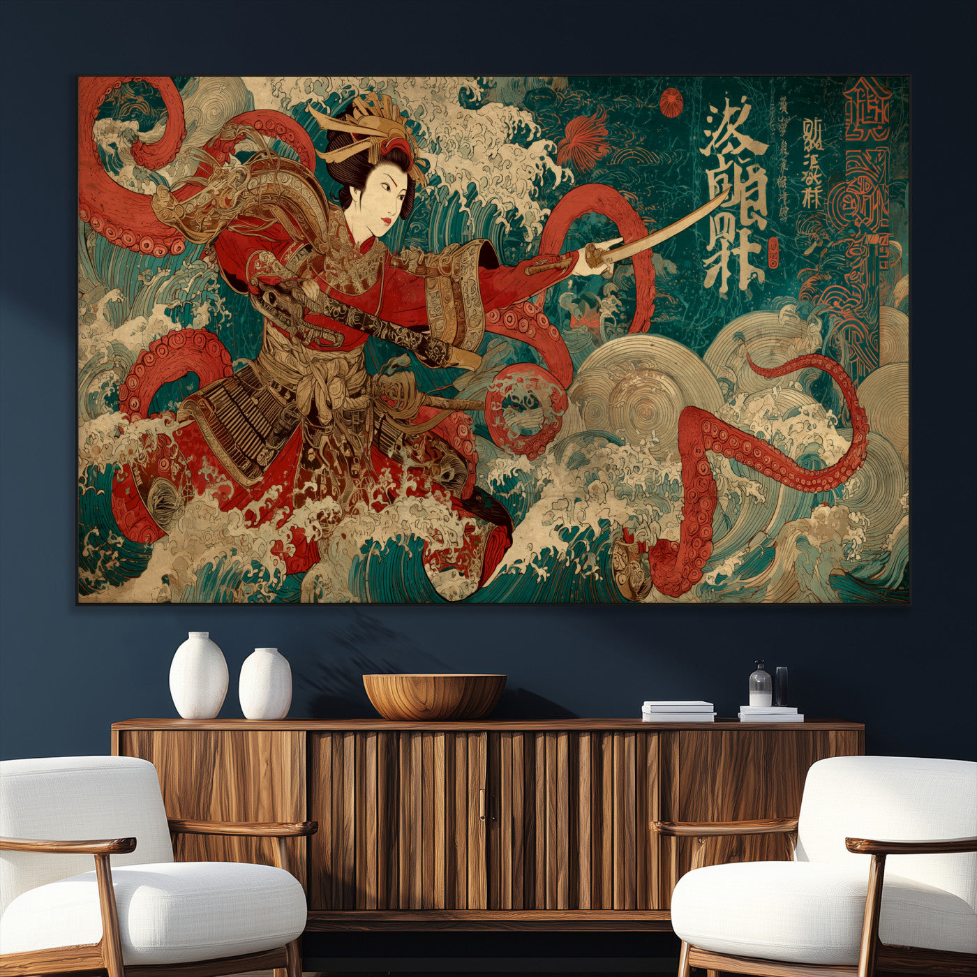SEG-FC-51X34_Oversize - Tsukioka Yoshitoshi Samurai Wall Art Print, Japanese Katana Warrior Canvas Wall Art, Octopus Sea Monster Canvas Print,