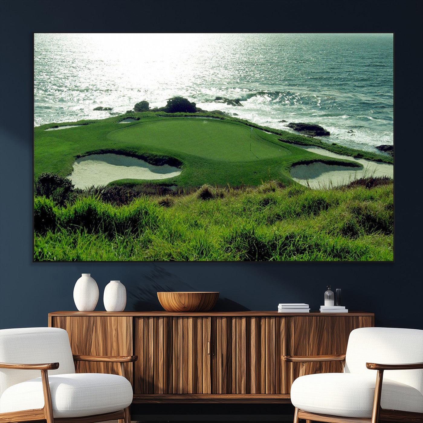 -Coastal Golf Course Wall Art Canvas Print – Scenic Green Surrounded by Sand Bunkers and Ocean Waves Artwork for Home, Office