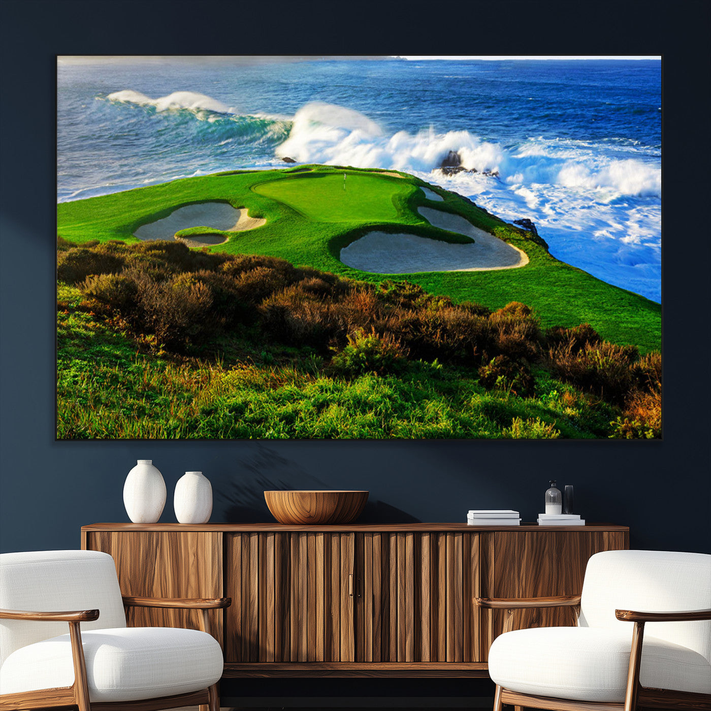 34181847-MGV-CV-36X24-Coastal Golf Course Wall Art Canvas Print – Vibrant Green with Sand Bunkers Overlooking Ocean Waves Artwork for Home, Office