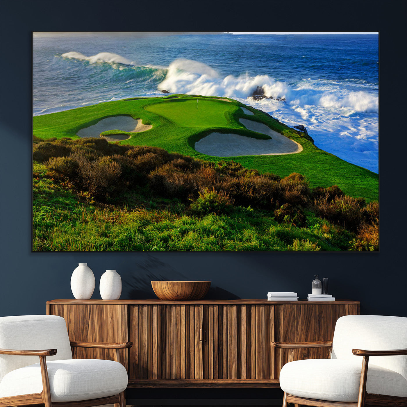 -Ocean Cliffside Golf Course Green Waves Surf Sand Bunker Scenic Coastal Landscape Nature Wall Art