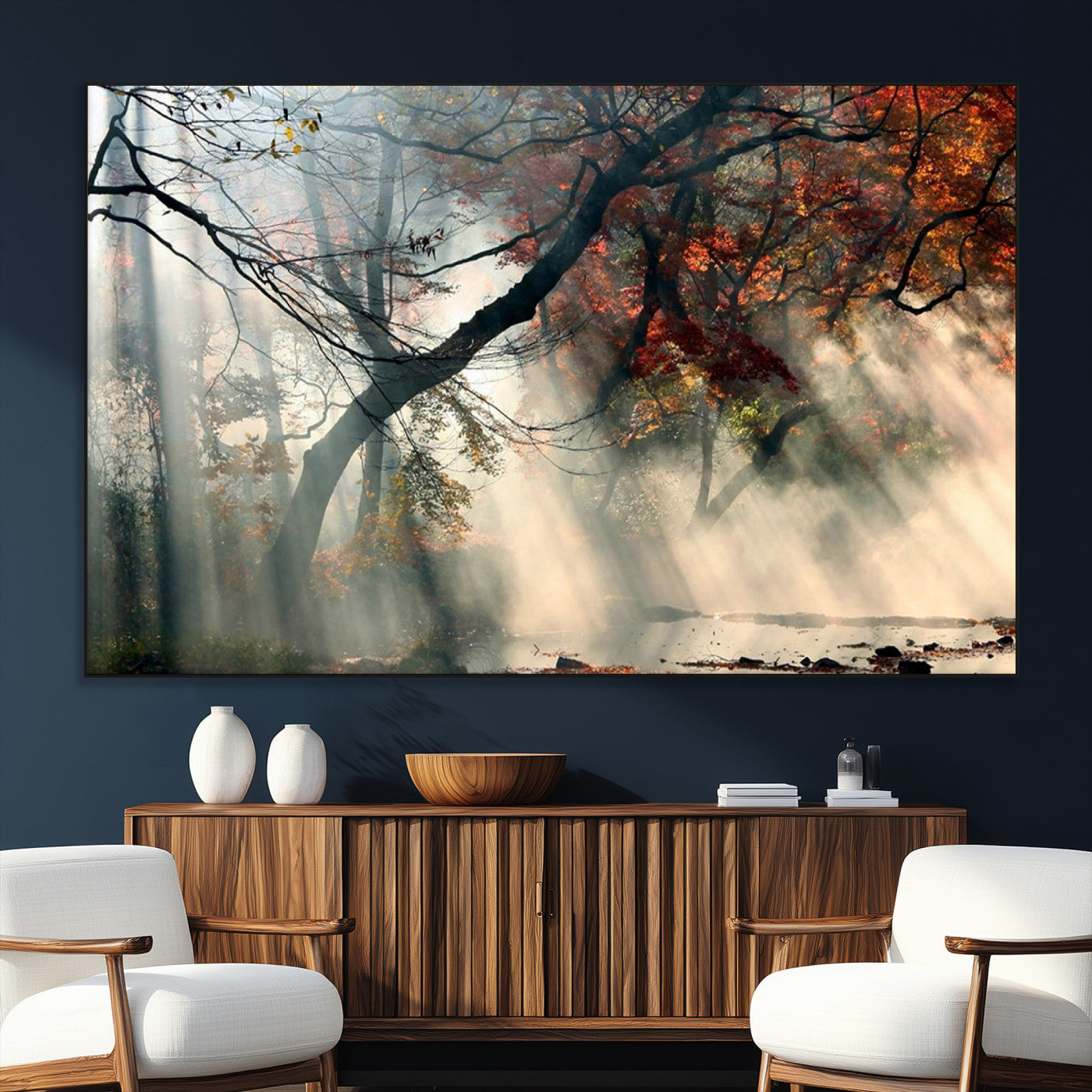 36043878-MGV-CV-36X24-Sunlit Autumn Forest Wall Art Canvas Print – Framed Mist Trees Scene with Peaceful Rays Artwork for Home, Office