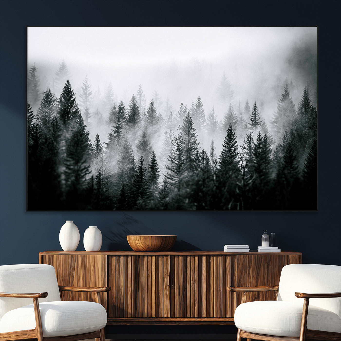 SEG-FC-51X34_Oversize - Foggy Pine Forest Canvas Wall Art – Black and White Nature Landscape Print, Horizontal Canvas for