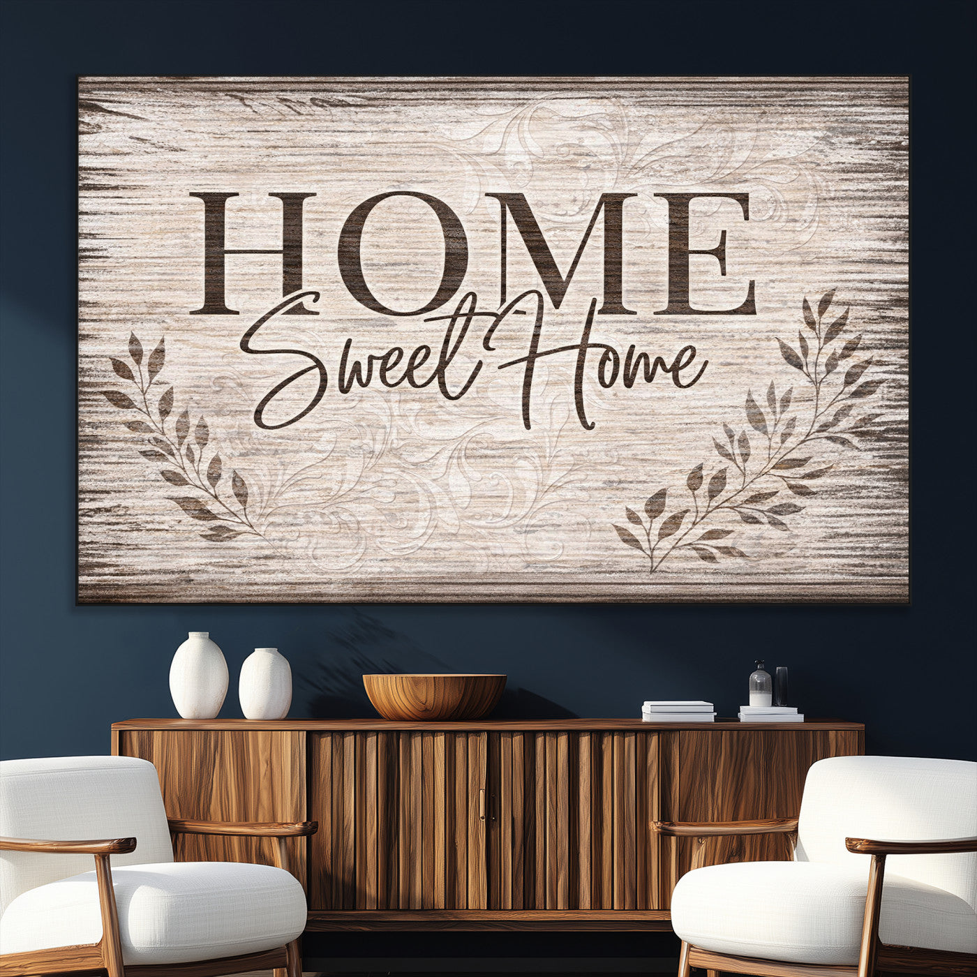 81157008S-MGV-CV-36X24 - Home Sweet Home Wall Art Canvas Print, Floral Farmhouse Sign, Rustic Neutral Entryway Bedroom Living Room Decor