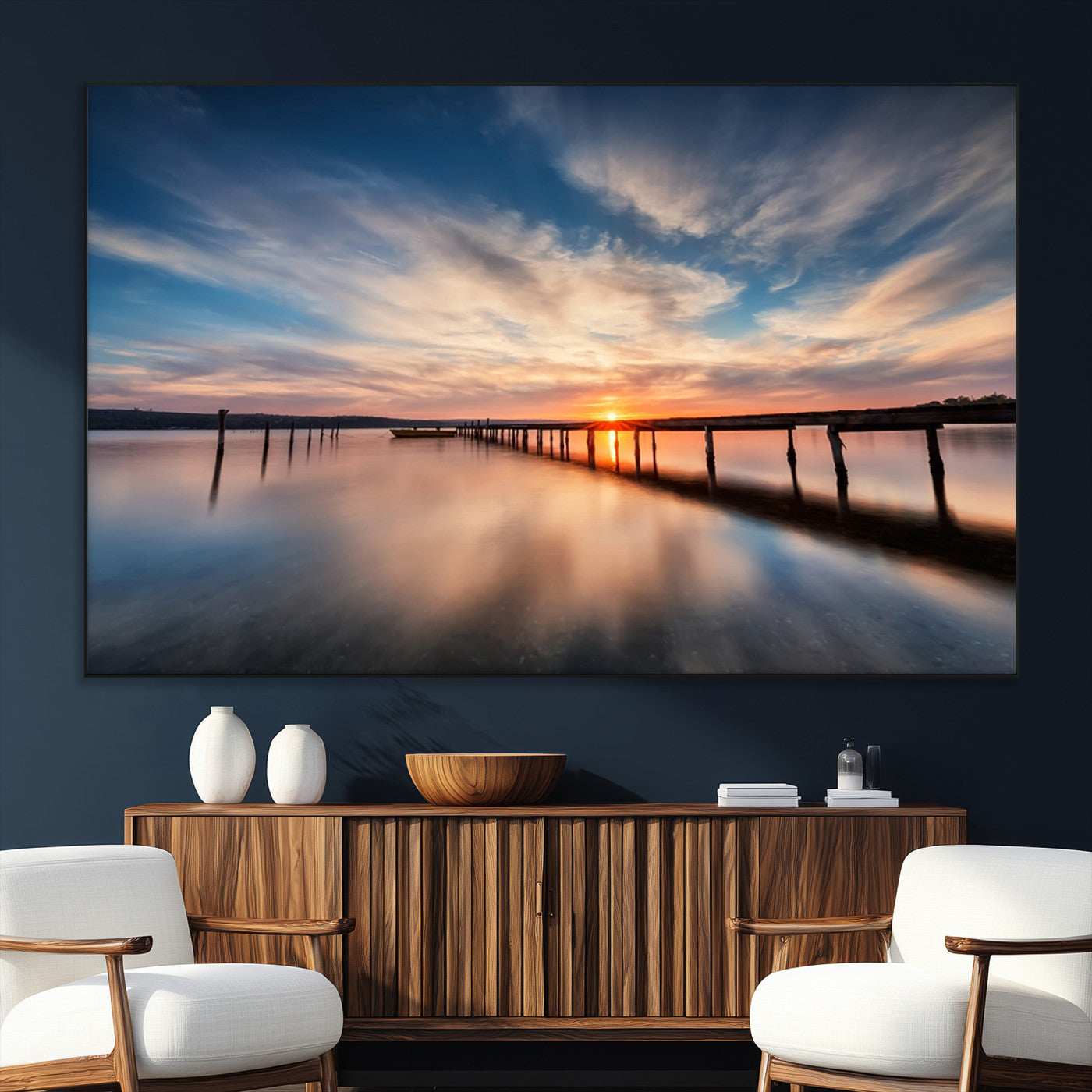 39967-MGV-CV-36X24-Wooden Pier on Seascape and Sunset Wall Art Canvas Print