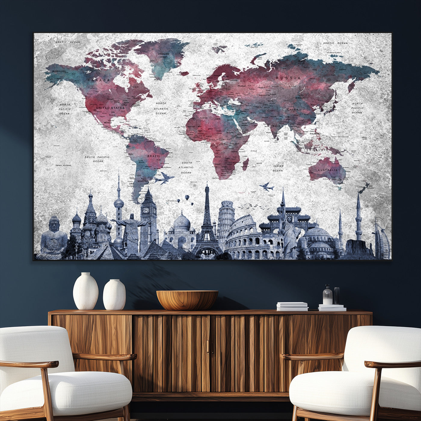 -World Map Canvas Wall Art with Famous Landmarks – Framed Travel Map Print for Home and Office Decor, Perfect Gift for Travel Lovers